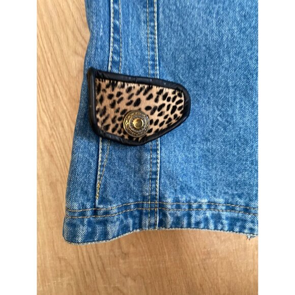 Vintage St. Maarten Dallas Denim Skirt Set Small Vest & Mini Skirt Leopard Trim - Picture 7 of 13